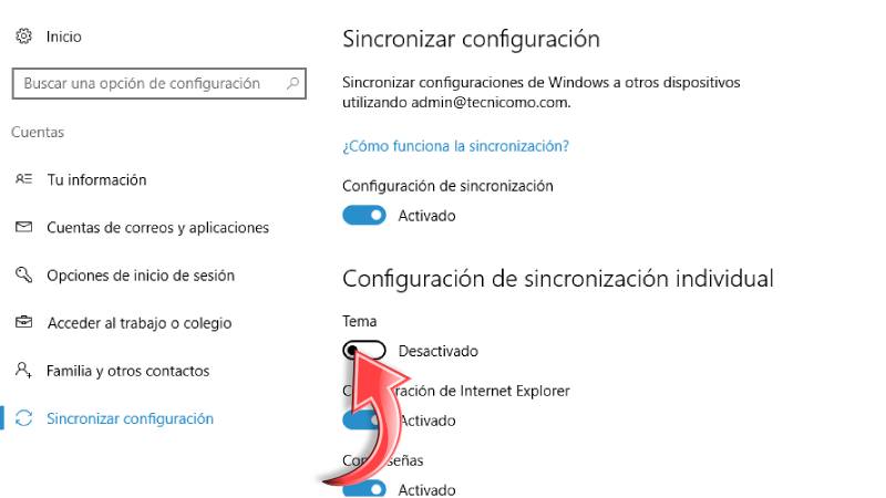 como Desactivar Sincronización de tema Windows 10